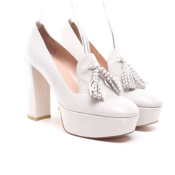 Stuart Weitzman Sky-High Tassel Heels Leather Platforms Women 6 White/Silver - Picture 4 of 16